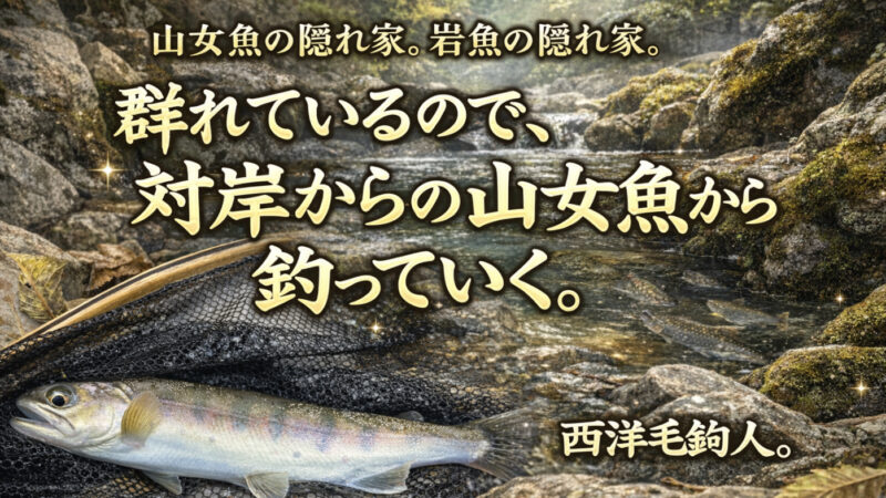 【フライフィッシング】群れているので、対岸からの山女魚から釣っていく。 