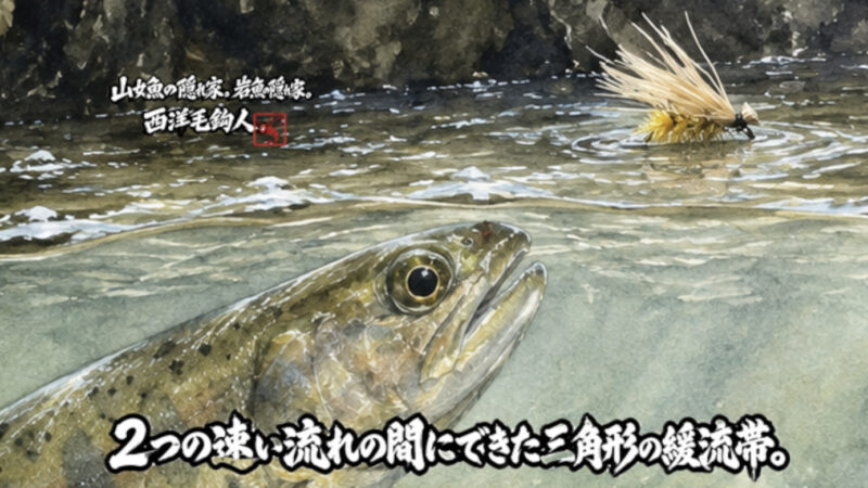 【フライフィッシング】2つの速い流れの間にできた三角形の緩流帯。