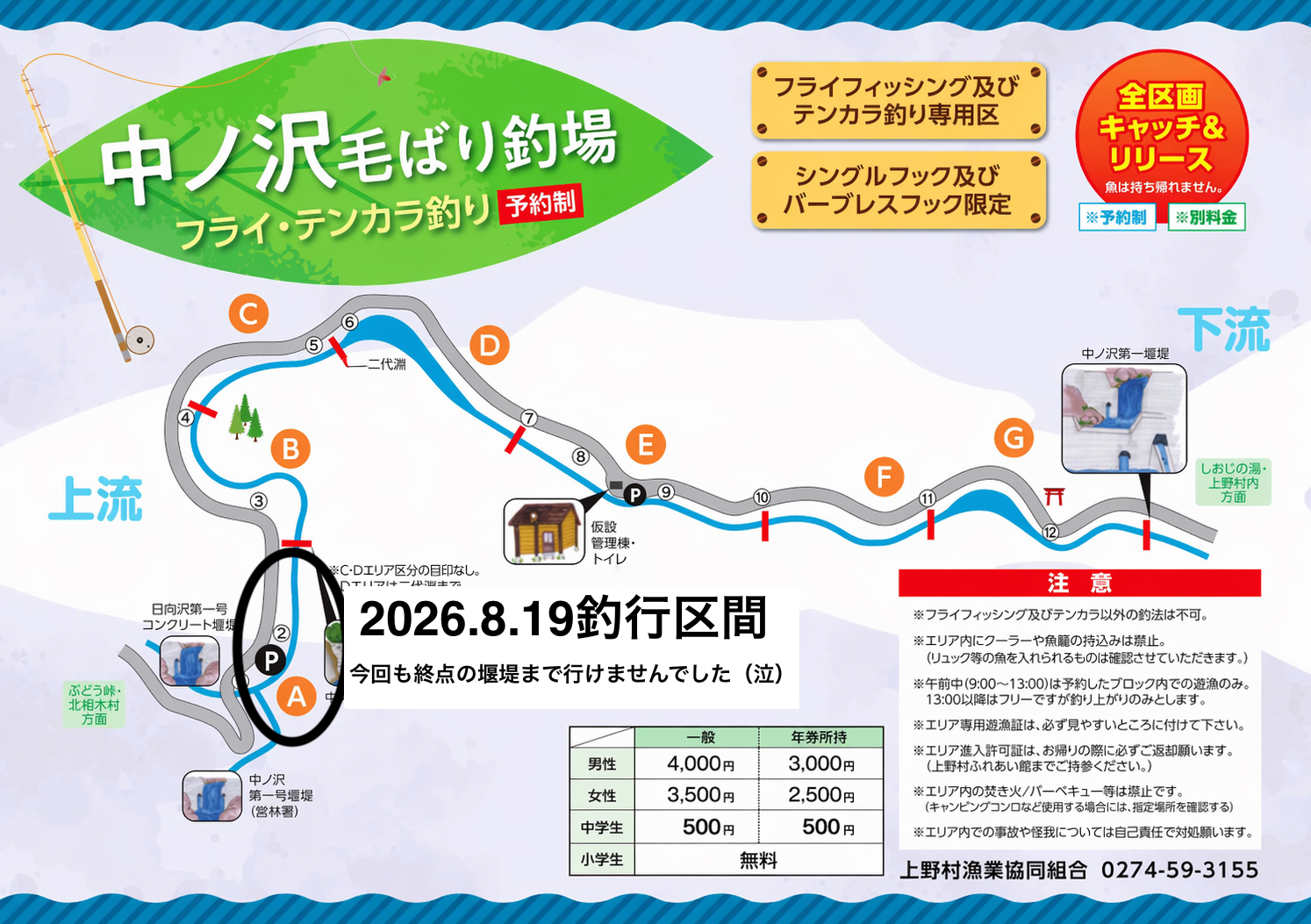 釣行区間 中ノ沢毛ばり釣り専用区2026.8.19